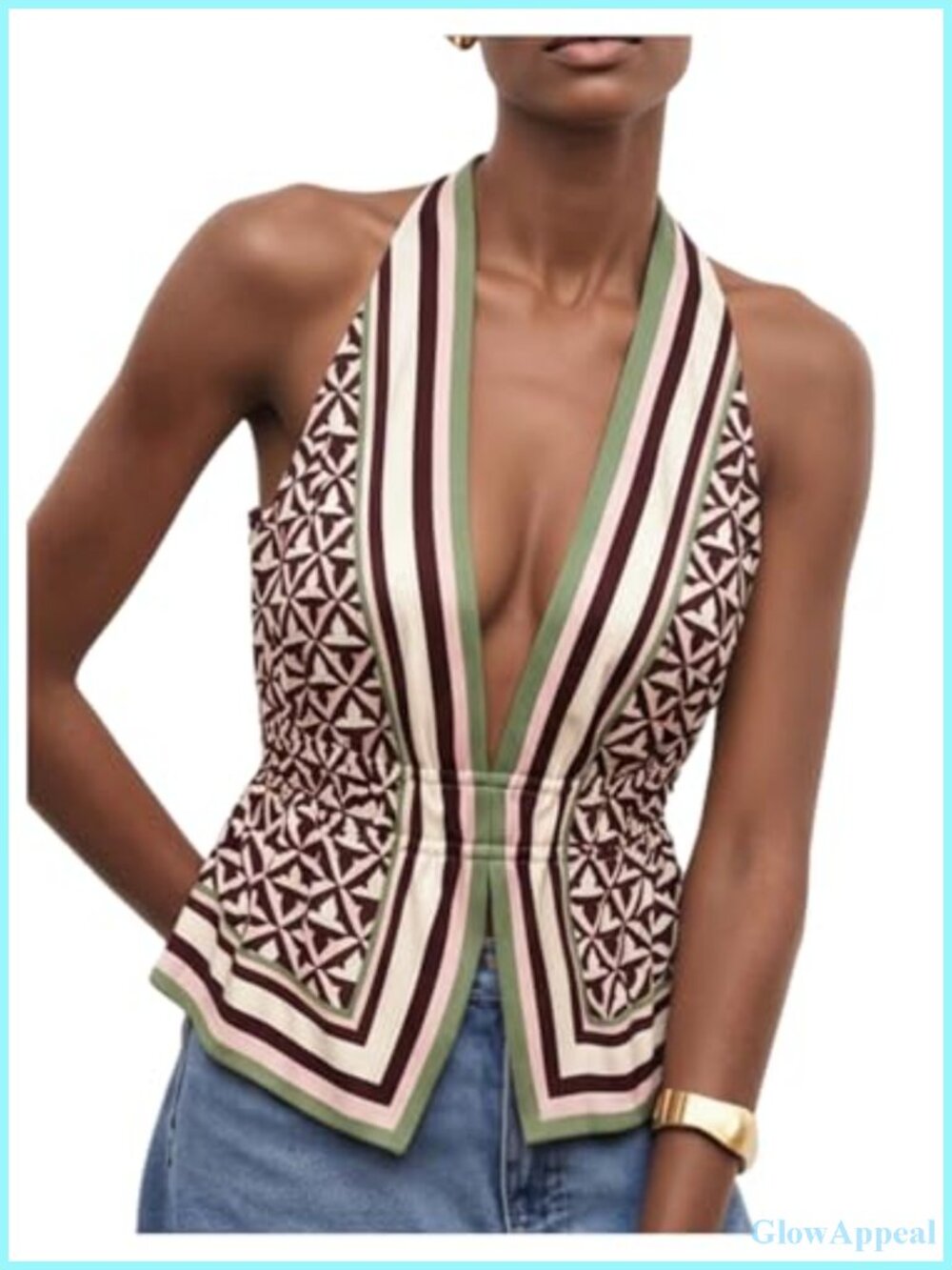 Women's Open Back Halter Top Deep V Neck Ruffle Sleeveless Summer Boho Top